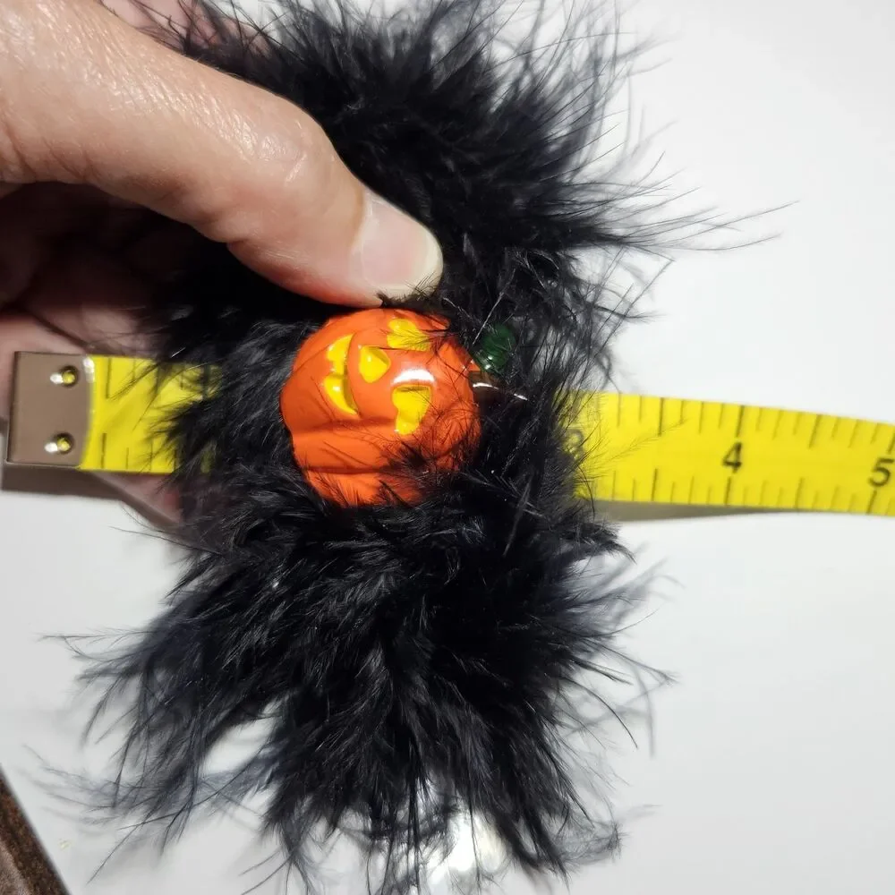 Black Feathery Orange Halloween Pumpkin Barrette Silver Tone